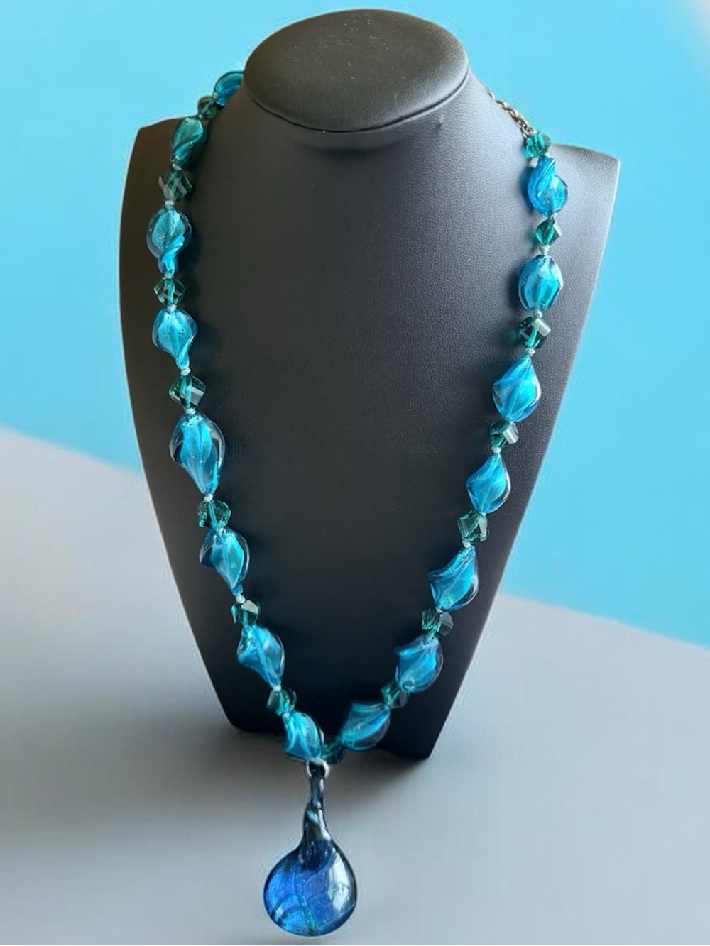 Vintage Blue Teardrop Murano-Style Glass Necklace